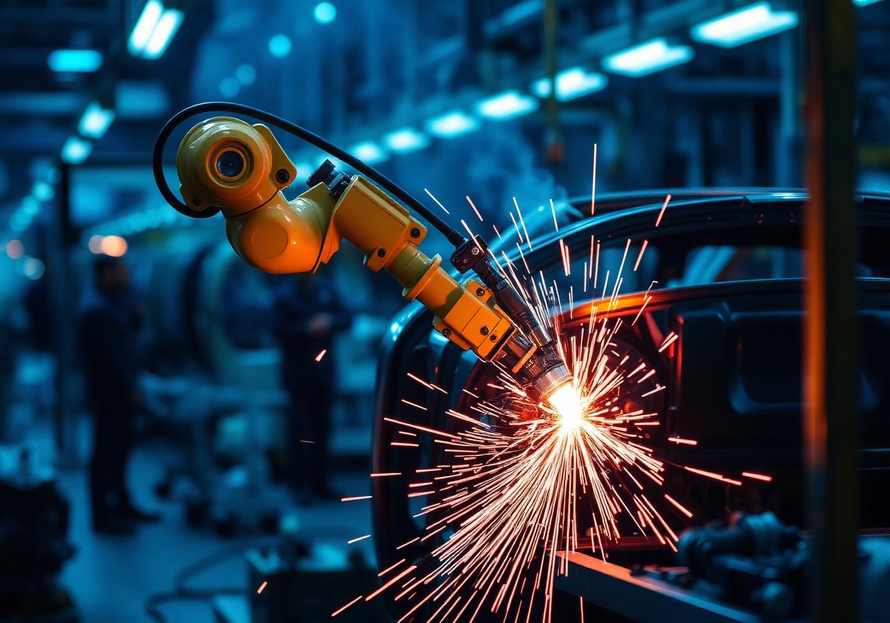 Robot industrial soldando carrocería en línea de producción